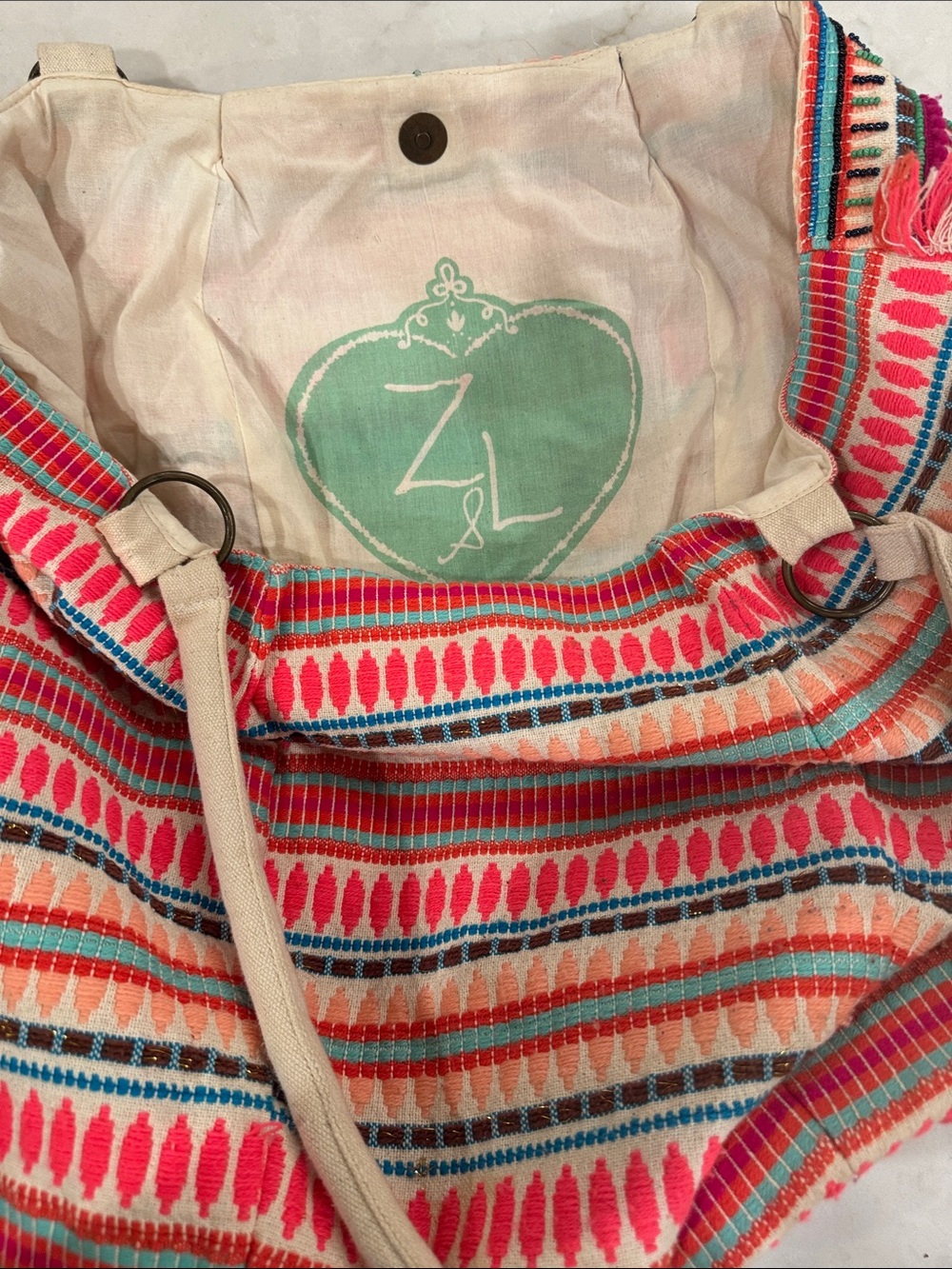 Z&L Boho Stripe Canvas Tote Bag in Pink & Turquoise